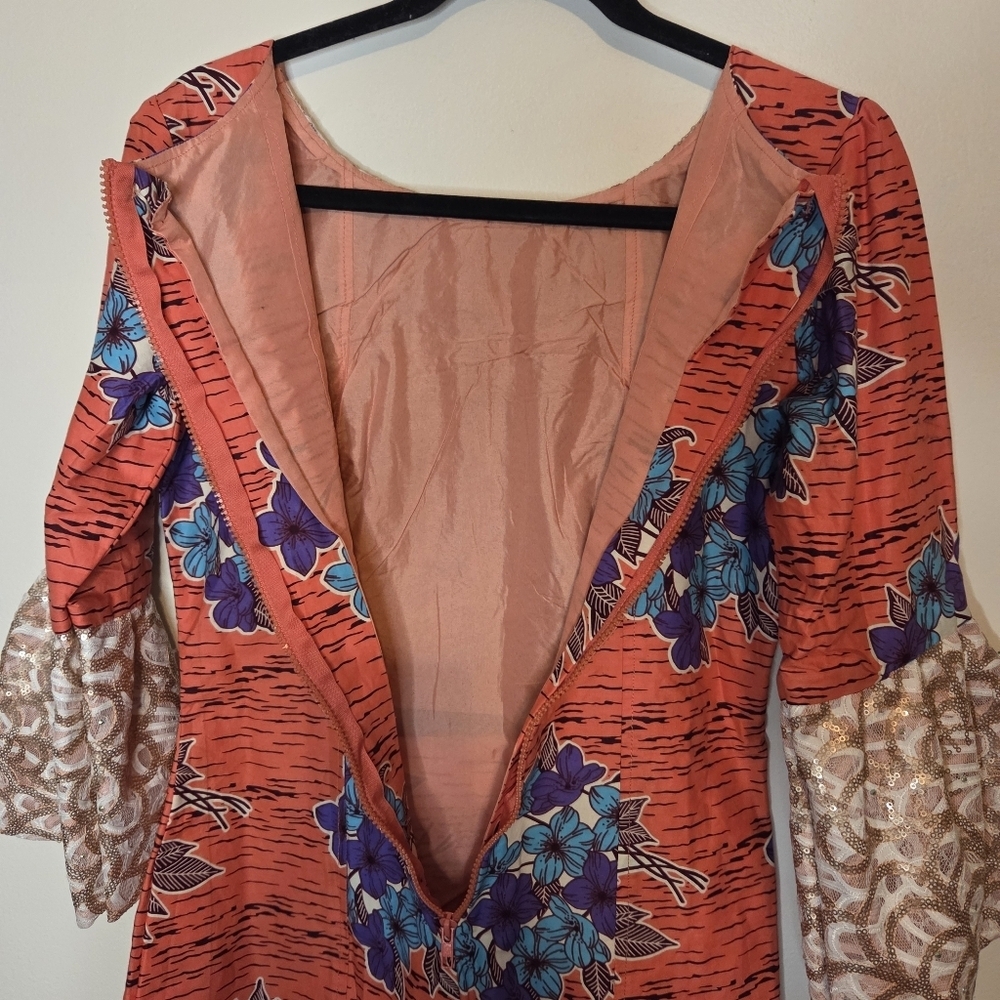 African Ankara Dress Handcrafted Floral Print With Bell Sleeves - Picture 5 of 9